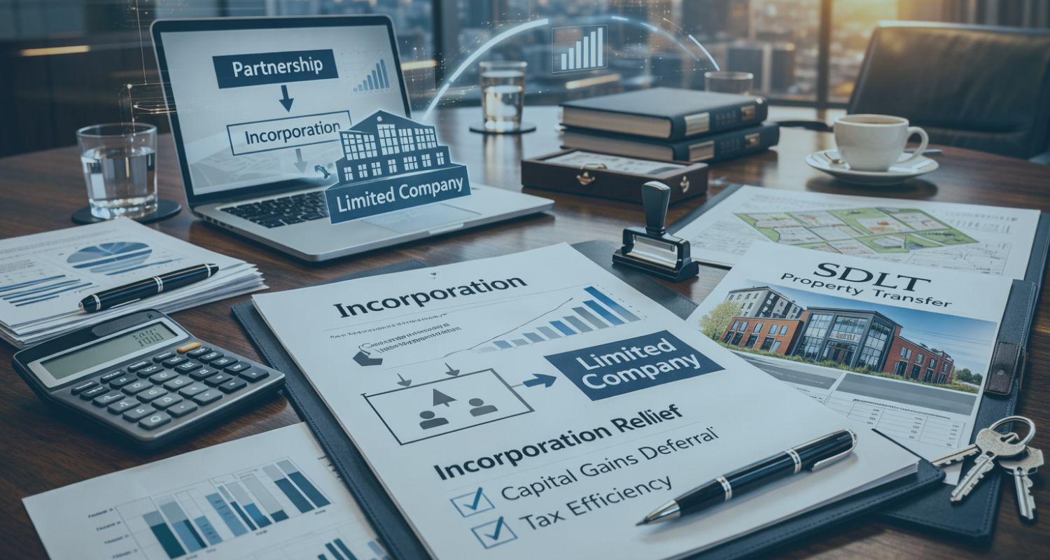 UK advice on incorporation relief and SDLT for partnership incorporations, covering CGT deferral, partnership property rules and pre-incorporation structuring.