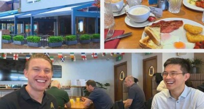 Attendees enjoying a networking breakfast at Orange Square Bar in Sussex, with a full English breakfast, coffee and name cards on the table.