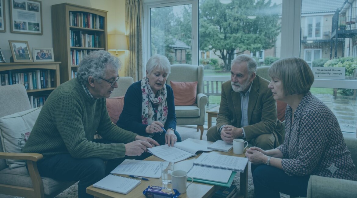 Leaseholders reviewing Right to Manage documents for their building RTM company directors discussing service charges and building management Right to Manage process for leaseholders taking control of a residential building