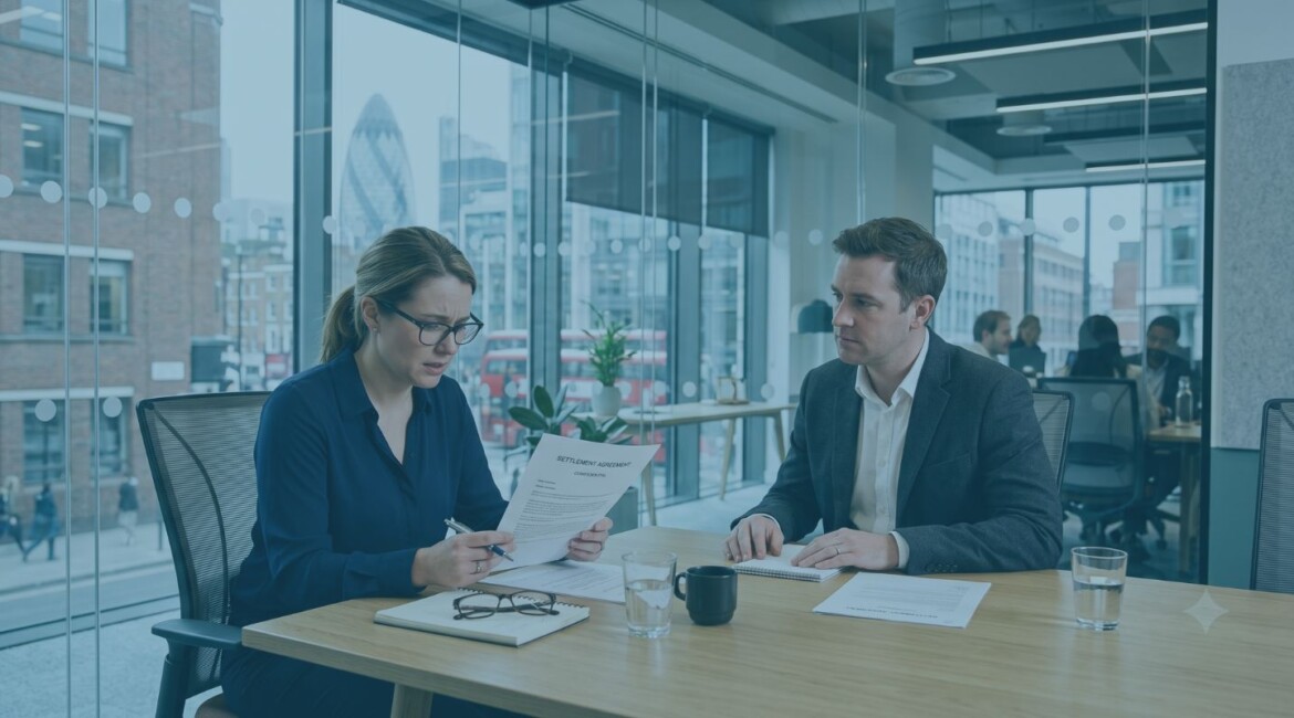 Employee reviewing a redundancy settlement agreement before signing At risk of redundancy and checking settlement agreement terms Legal advice on redundancy settlement agreement for employees