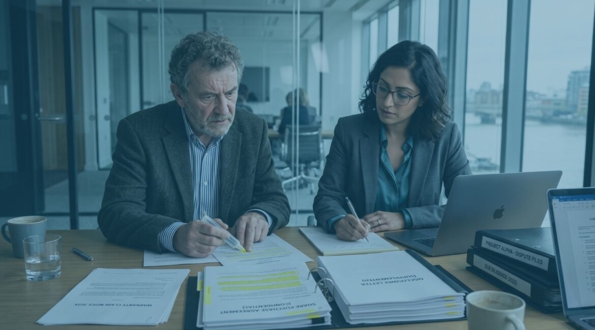 Seller reviewing a warranty claim after selling a business Warranty claim notice after a business sale being reviewed with a solicitor Former business owner responding to a post-completion warranty claim