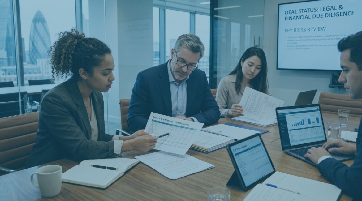 UK startup founder and venture capital investors reviewing funding documents during an investment meeting