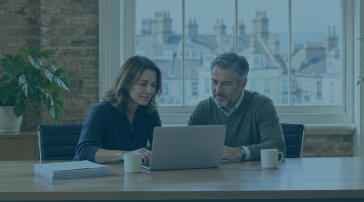HR manager and business owner reviewing a data subject access request (DSAR) on a laptop in a bright Brighton office, with printed documents beside them.
