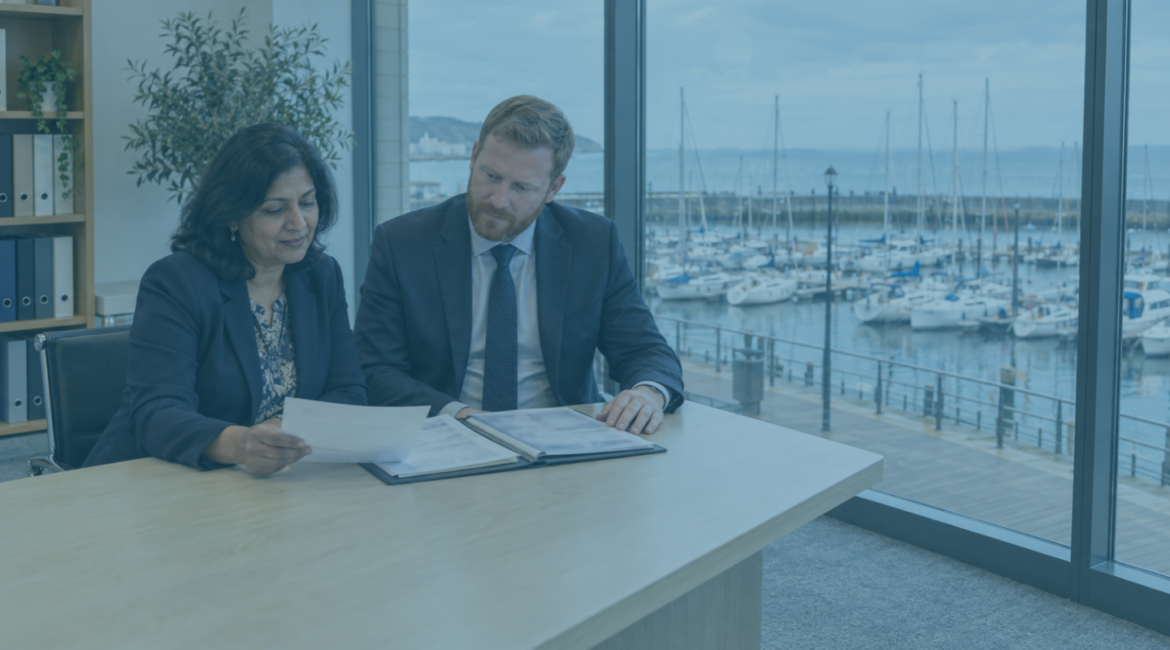 Company director and solicitor reviewing documents relating to misfeasance proceedings in a meeting room overlooking Eastbourne marina.